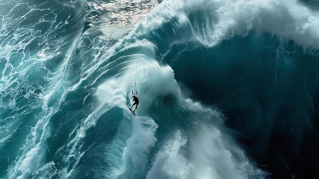 Un kitesurfeur sur une grosse vague Le kitesurf est dans les airs au-dessus de la vague La vague s'écrase