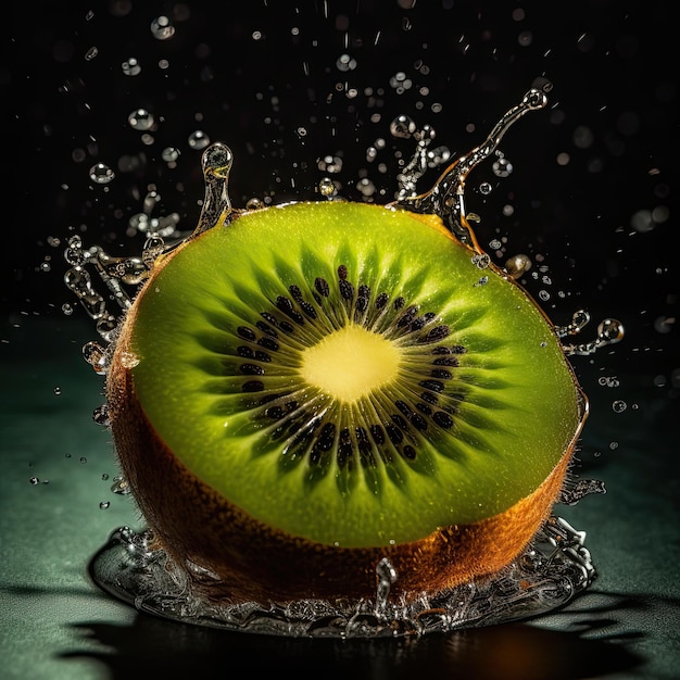 Un kiwi éclaboussant dans l'eau avec un fond noir