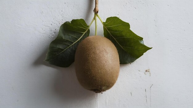 Kiwi entier mûr avec des feuilles sur la paroi blanche