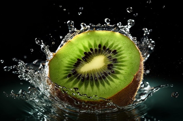 Un kiwi est dans l'eau et est éclaboussé d'eau.