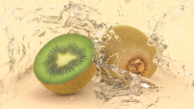 Kiwi sur fond jaune dans les éclaboussures d'eau, illustration 3d