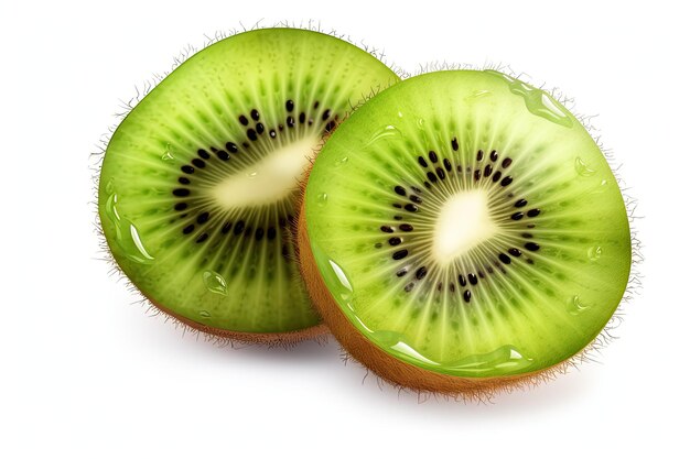 Kiwi fraîchement tranché éclaboussé dans de l'eau froide isolé sur un fond blanc Diète alimentaire concept de fraîcheur d'alimentation saine