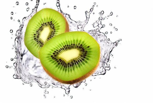 Kiwi fraîchement tranché éclaboussé dans de l'eau froide isolé sur un fond blanc Diète alimentaire concept de fraîcheur d'alimentation saine