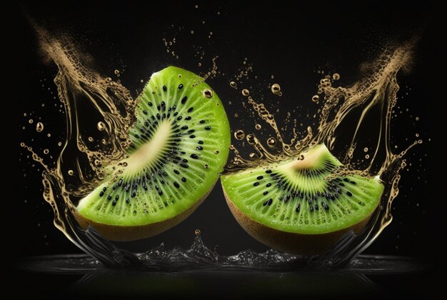 Kiwi frais avec des éclaboussures d'eau isolé sur fond noir AI générative