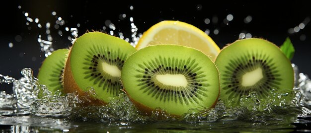 Kiwi en mouvement avec un éclaboussure d'eau claire soulignant la fraîcheur et l'hydratation