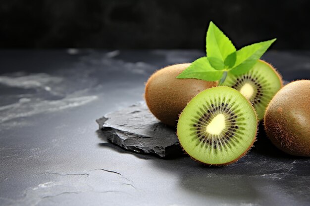 Kiwi mûr et tranches sur fond de pierre