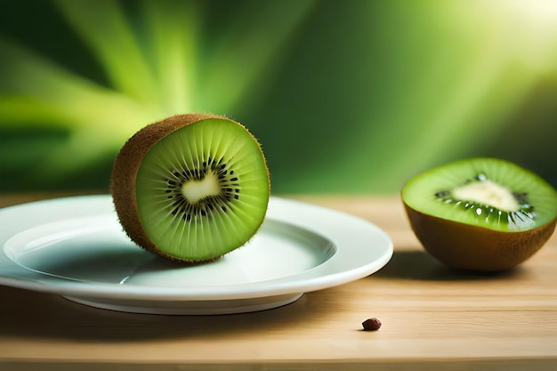 Un kiwi se trouve sur une assiette à côté d'un fond vert.