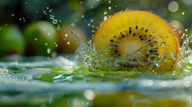 Kiwi Splash Un gros plan du kiwi frais faisant une éclaboussure dans l'eau