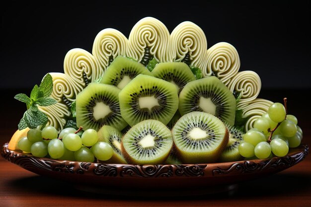 Des kiwis disposés dans un plateau de fruits décoratifs en forme de fleur