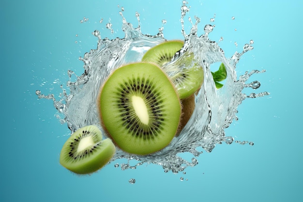 Kiwis tombant dans une eau avec une feuille verte.