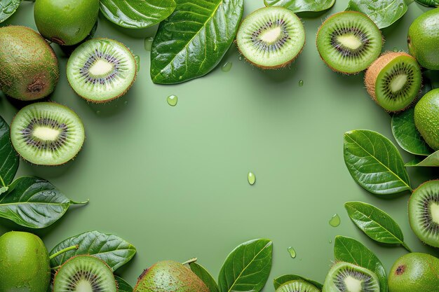 Kiwis tranchés avec des gouttes d'eau sur une surface verte