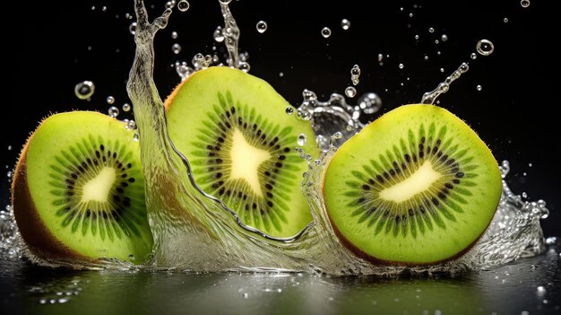 Kiwis verts frais éclaboussé d'eau sur fond noir et flou