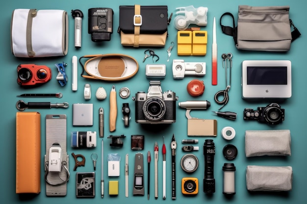 Photo knolling d'outils et d'équipements médicaux à plat généré par l'ia