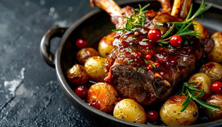 Photo knuckle d'agneau traditionnel braisé lentement cuit dans une sauce au vin rouge avec des mini pommes de terre rôties et des herbes servies en gros plan dans un bol de design nordique avec un espace de copie