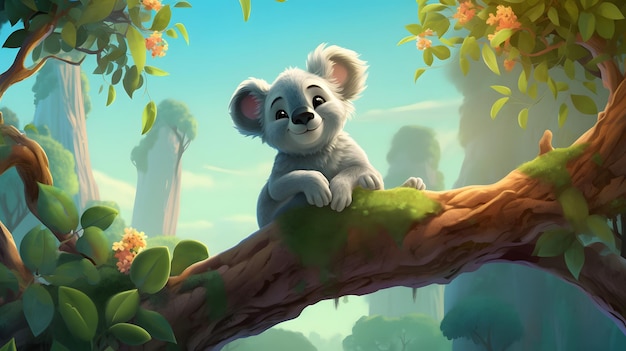 Un koala assis sur une branche d'arbre