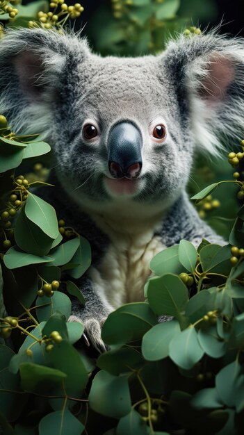 Koala Bear sur une branche d'eucalyptus, une idée d'arrière-plan et d'économiseur d'écran pour votre téléphone