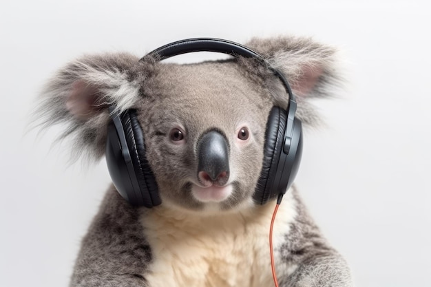 Koala avec un casque sur fond blanc IA générative