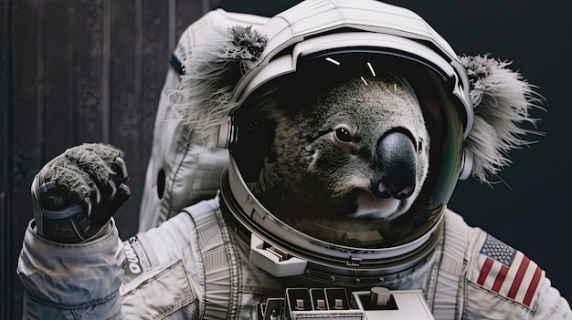 Koala dans un costume d'astronaute Mascotte animal sauvage surréalisme style réaliste gros plan séance photo de costume de la NASA pour animal de compagnie Concept d'un animal sauvage dans des vêtements humains Génératif par AI