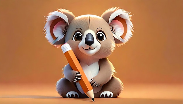 Un koala de dessin animé avec un crayon sur la tête est assis