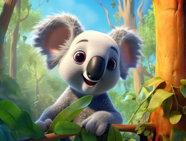 Koala de dessin animé dans la forêt d'eucalyptus d'été par une journée ensoleillée