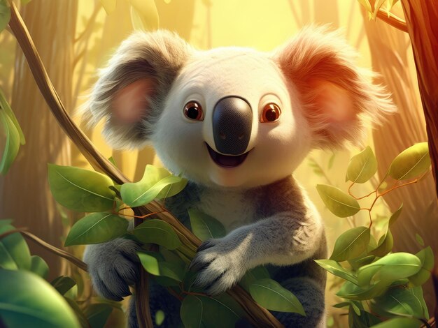Koala de dessin animé dans la forêt d'eucalyptus d'été par une journée ensoleillée