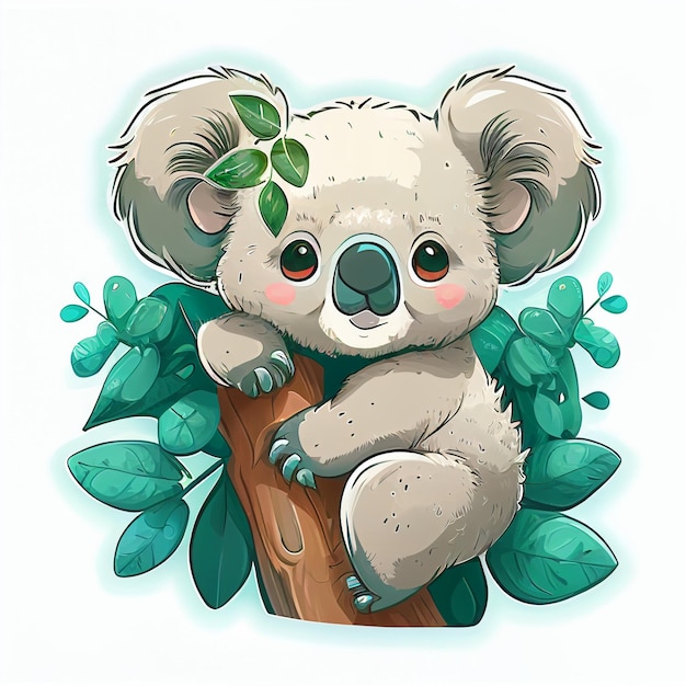 Un koala de dessin animé est assis sur une branche d'arbre.
