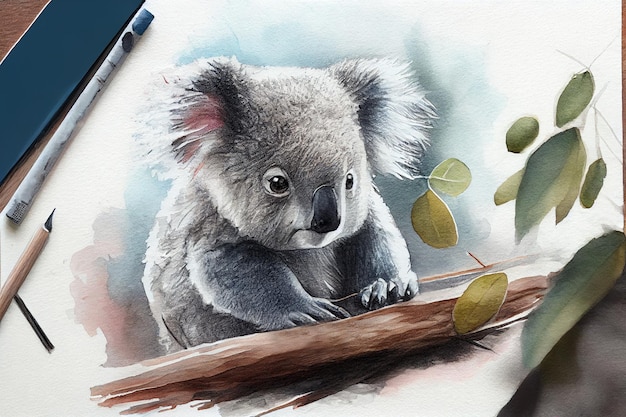 Koala dessinant avec un peu d'aquarelle ai générative