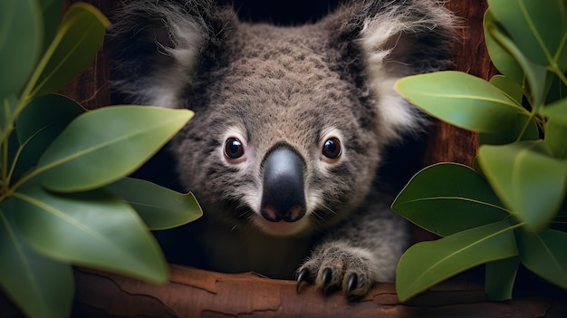 Koala dormant niché dans un eucalyptus