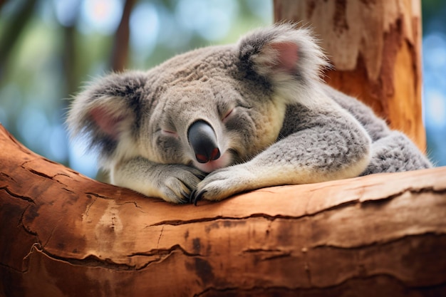 un koala dort sur une branche d'arbre