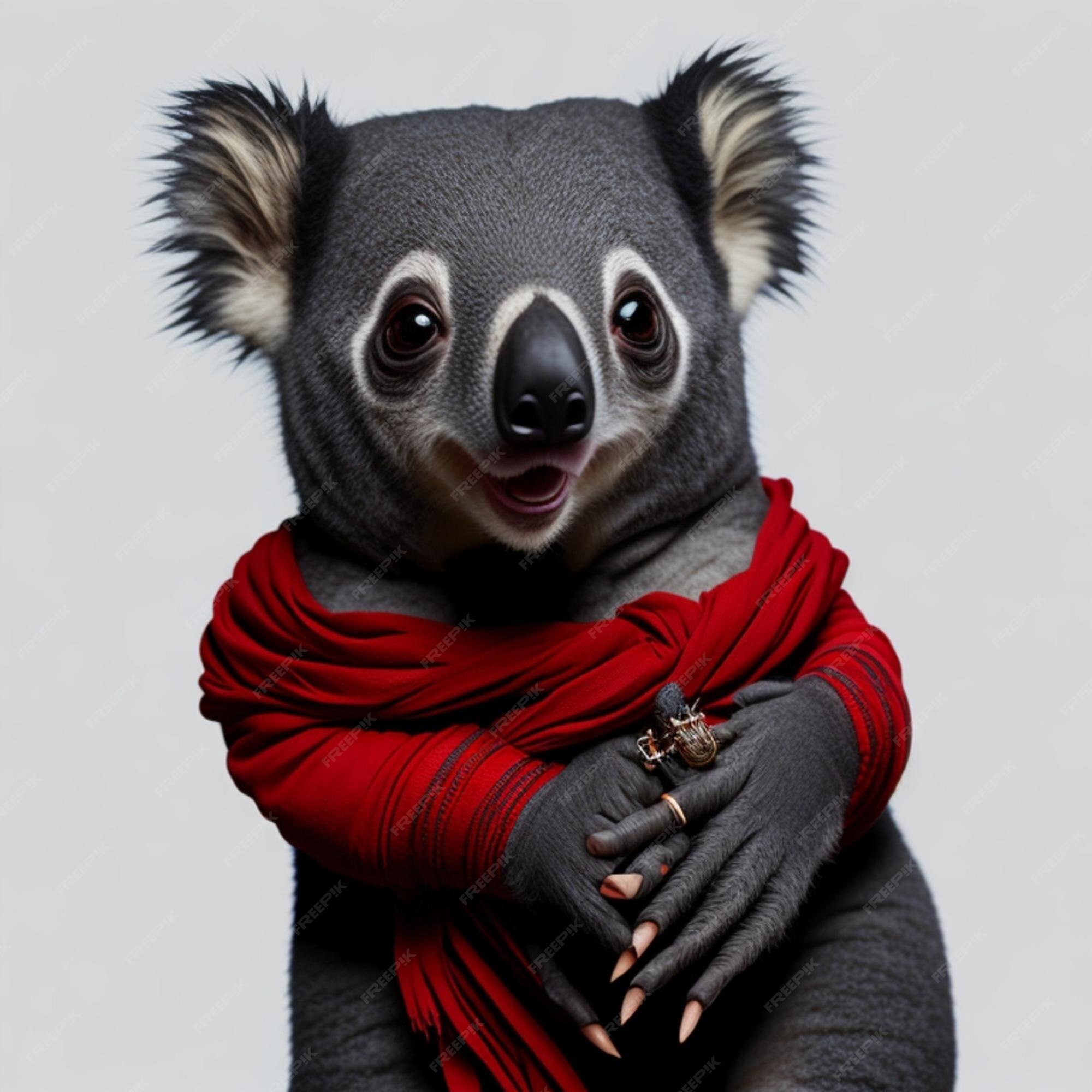 Un Koala Avec Une écharpe Rouge Et Un Anneau Dessus.