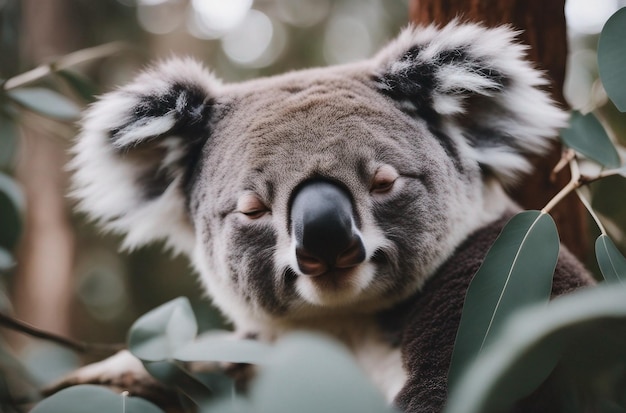 un koala endormi qui embrasse une branche d'eucalyptus en s'endormant