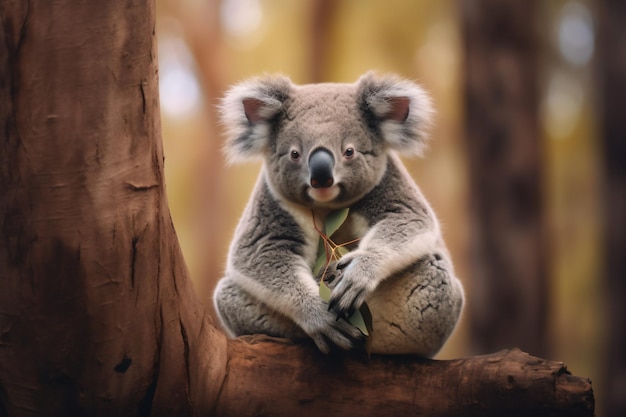 Un koala est assis sur une branche d'arbre