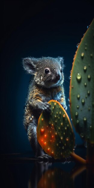 Un koala est assis sur un cactus et regarde un cactus.