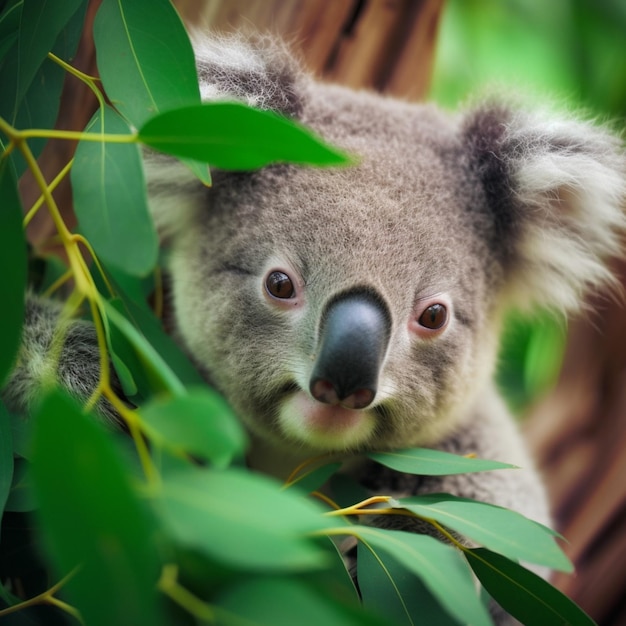 Un koala est assis dans un arbre avec des feuilles