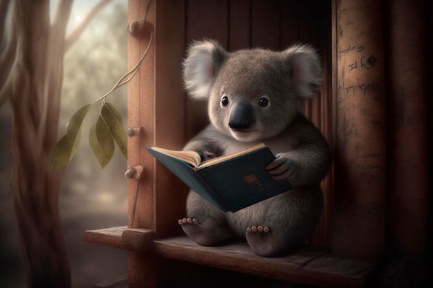Koala est assis dans une cabane dans les arbres et lit un livre Contenu généré par l'IA