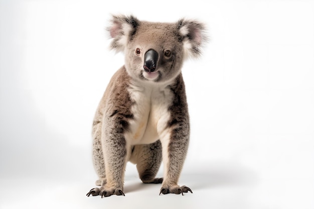 Un koala est assis sur un fond blanc.