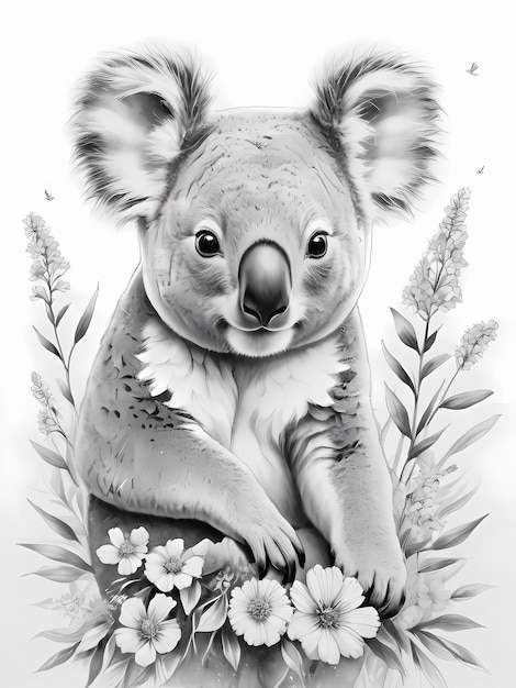 Photo le koala est un dessin en noir et blanc à colorier pour adultes.