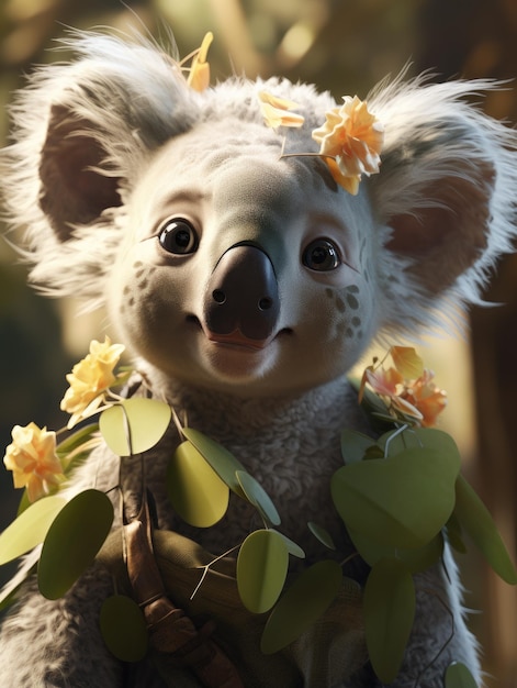 Un koala avec des fleurs sur la tête