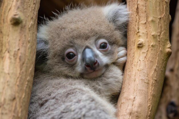 Koala Joey accroché à sa mère sur un eucalyptus