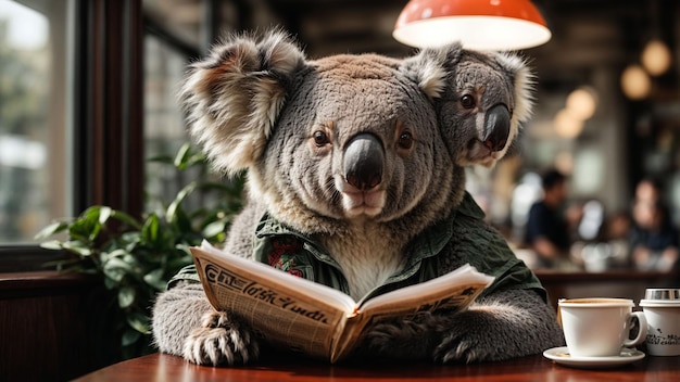 Photo un koala lisant un journal dans un café