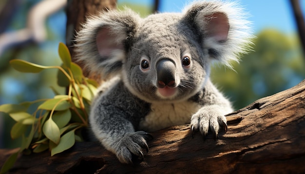 Koala mignon assis sur un eucalyptus regardant la caméra générée par l'intelligence artificielle