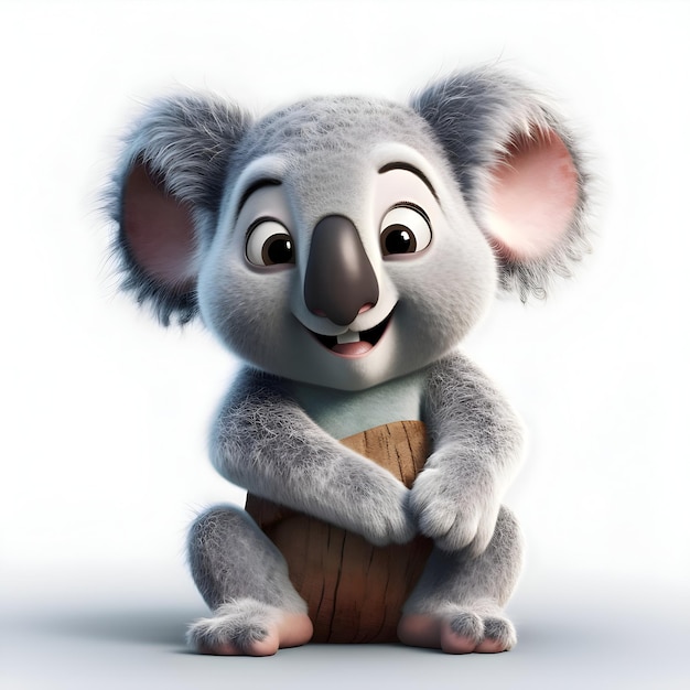 Koala mignon assis sur un rendu 3D de bûches de bois