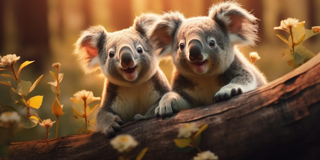 Koala mignon sur une branche d'eucalyptus AI générative