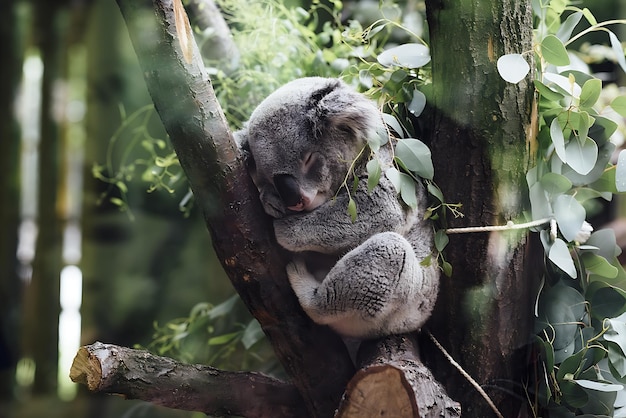 Un koala avec un nez rouge est assis dans un arbre.