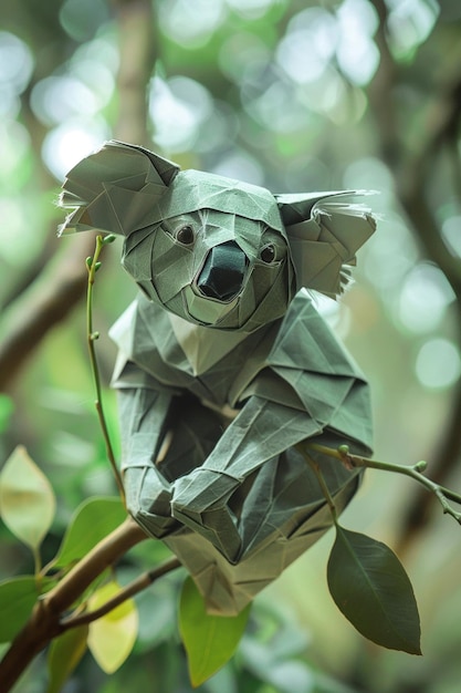 Photo un koala origami sur une branche de la verdure à la mise au point douce