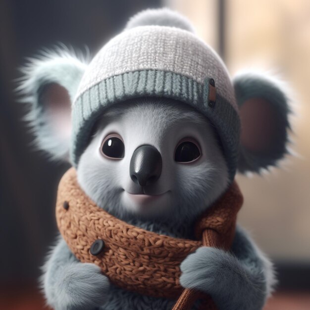 Un koala portant un chapeau et une écharpe avec une écharpe marron.