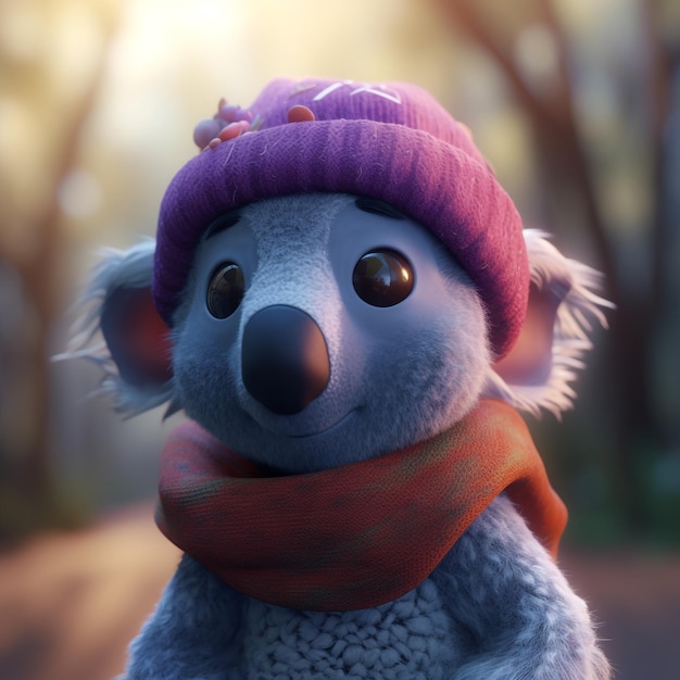 Un koala portant un chapeau violet et une écharpe violette est assis sur un chemin dans les bois.