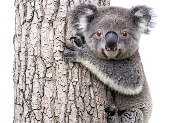 Un koala s'accrochant à un arbre isolé sur un fond blanc