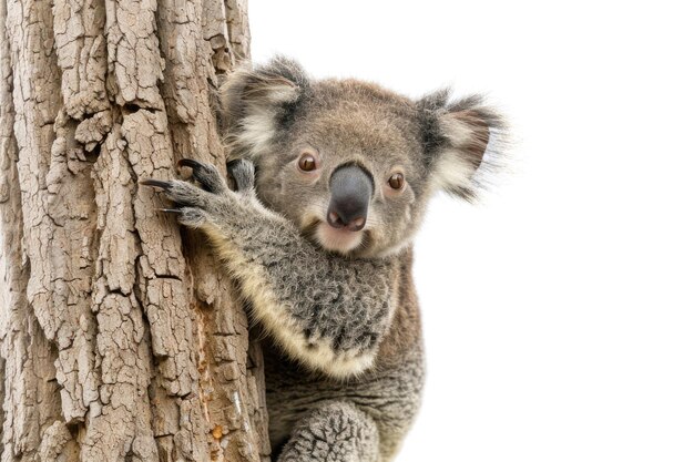 Un koala s'accrochant à un arbre isolé sur un fond blanc