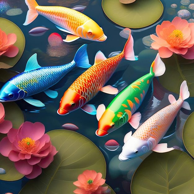 Koi dans un étang Des poissons décoratifs colorés flottent dans un étang artificiel vue d'en haut